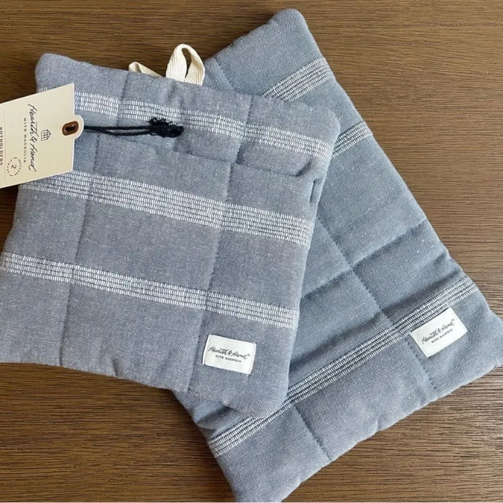 2pc Textured Stripe Potholder Set Blue - Hearth & Hand™ with Magnolia